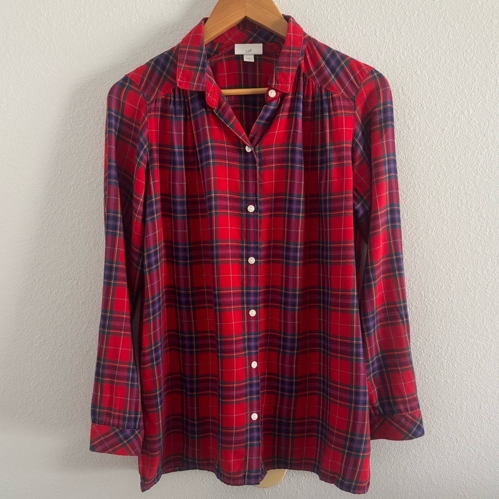 J.Jill Red Plaid Button Down Holiday Shirt Top Sz Small Soft Cotton Modal Blend